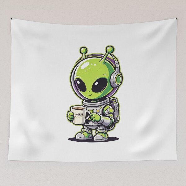 Item preview, Cute Alien Drinking Coffee Outer Space Astronaut Illustration designed and sold by poell7072.
