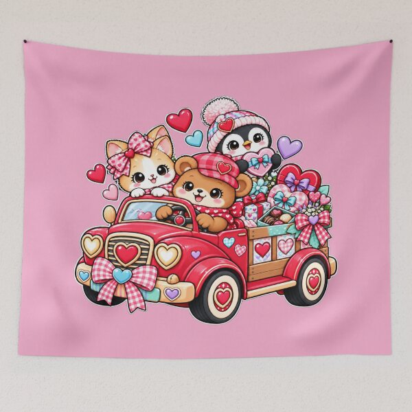 Item preview, Cute Valentine’s Day Red Truck with Hearts and Bows – Kawaii Vintage Pickup Art designed and sold by ALH Apparel.