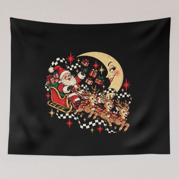 Item preview, Santa Sleigh and Reindeer Beneath Smiling Moon designed and sold by 68MadagascarZoo.