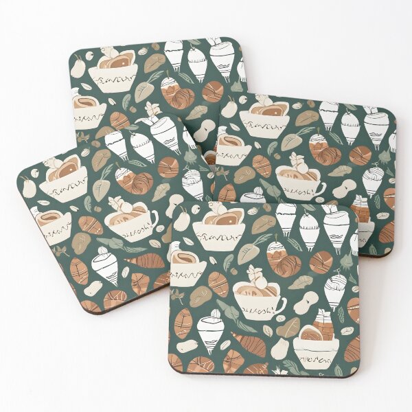 Item preview, Coffee and Croissants Seamless Pattern in Forest Green Tones designed and sold by ChromaLens.