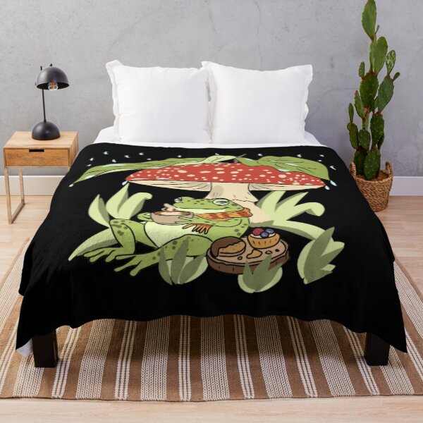 Item preview, Frog Drinking Coffee under Mushroom Rainy Day Cottagecore Illustration designed and sold by LeshanArt.