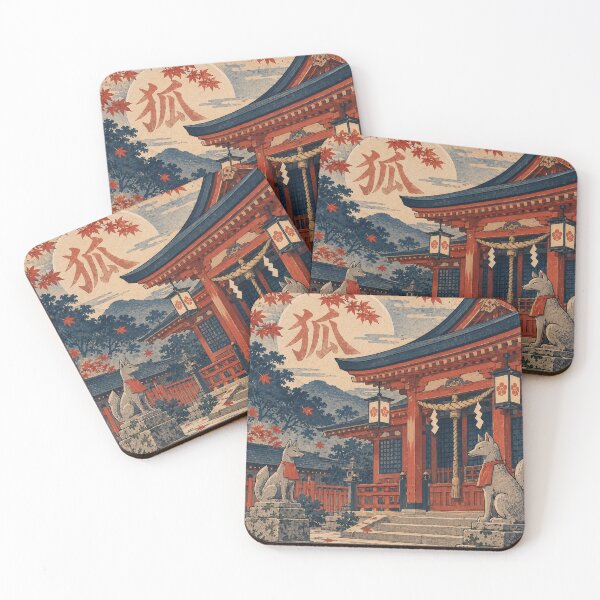Item preview, Japanese Inari Shrine - Fox Guardians Beneath Autumn Maples designed and sold by bapupa.