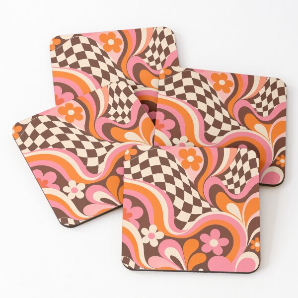 Item preview, Retro 70s Groovy Flowers Pink Orange Wavy Checkerboard designed and sold by KokoDeez.