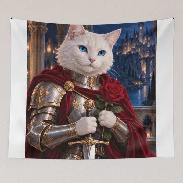 Item preview, White Cat Knight Holding a Crimson Rose and Sword designed and sold by Silken moonlight .