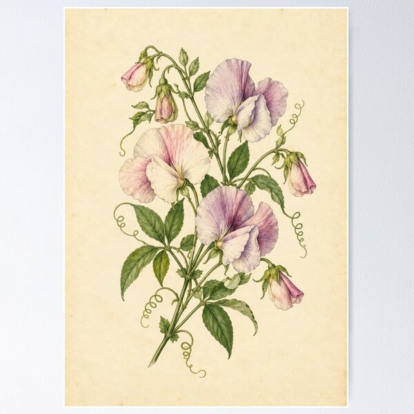 Item preview, Victorian Sweet Pea Botanical Wall Art – Vintage Pastel Floral Illustration designed and sold by Paper-Pickle.