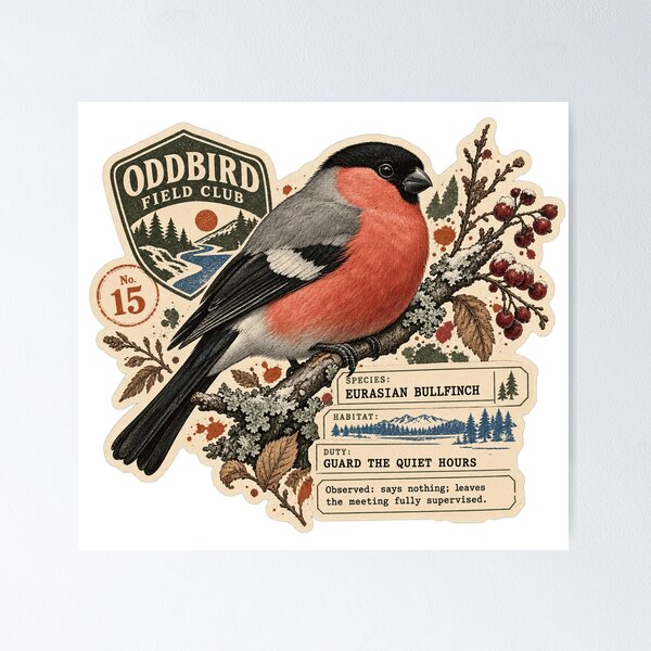 Item preview, Eurasian Bullfinch — Guards the Quiet Hours | Oddbird Field Club designed and sold by OddbirdForest.