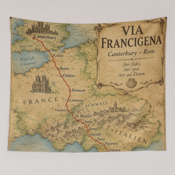 Item preview, Via Francigena pilgrimage route vintage hiking map Canterbury to Rome designed and sold by Mauswohn.