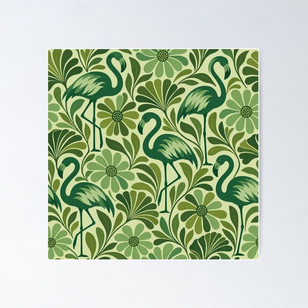 Item preview, Green Flamingo Pattern – Retro Botanical Flowers and Leaves designed and sold by Paper-Pickle.