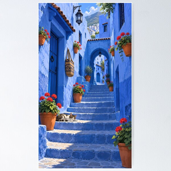 Item preview, Chefchaouen Blue Alley with Flowers and Cat designed and sold by Alvren.