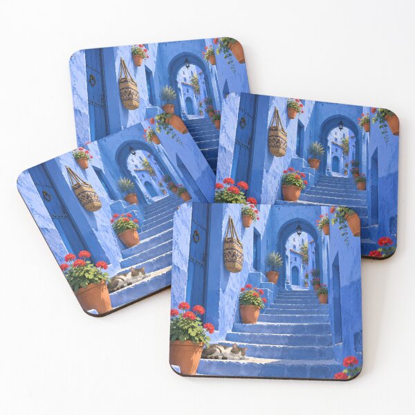 Item preview, Chefchaouen Blue Alley with Flowers and Cat designed and sold by Alvren.