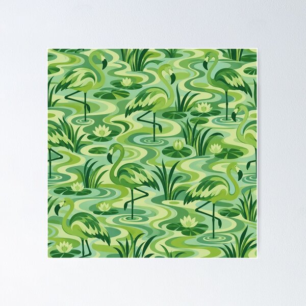 Item preview, Green Flamingo Pond Pattern – Groovy Ripples and Water Lilies designed and sold by Paper-Pickle.