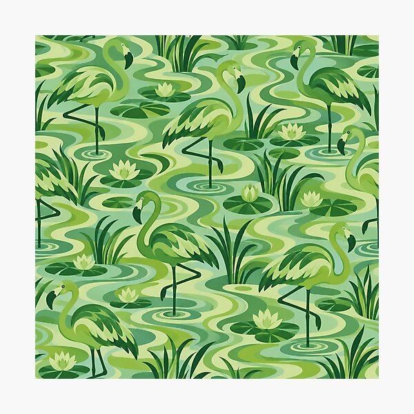 Item preview, Green Flamingo Pond Pattern – Groovy Ripples and Water Lilies designed and sold by Paper-Pickle.