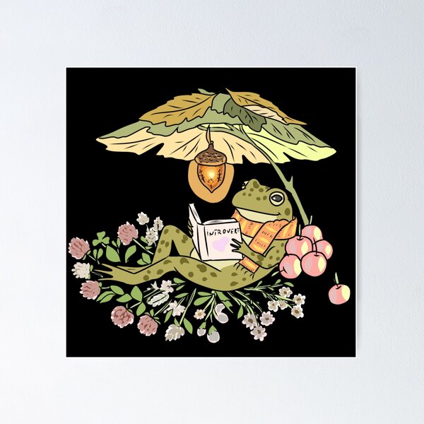 Item preview, Frog Reading Book with Introvert Sign, Clover Bed, Acorn Lantern, Leaves, Scarf, and Apples Cottagecore Illustration designed and sold by LeshanArt.