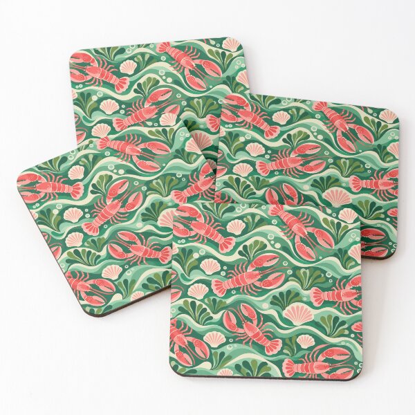 Item preview, Lobster Lagoon – Retro Coastal Pattern with Green Waves and Seashells designed and sold by Paper-Pickle.