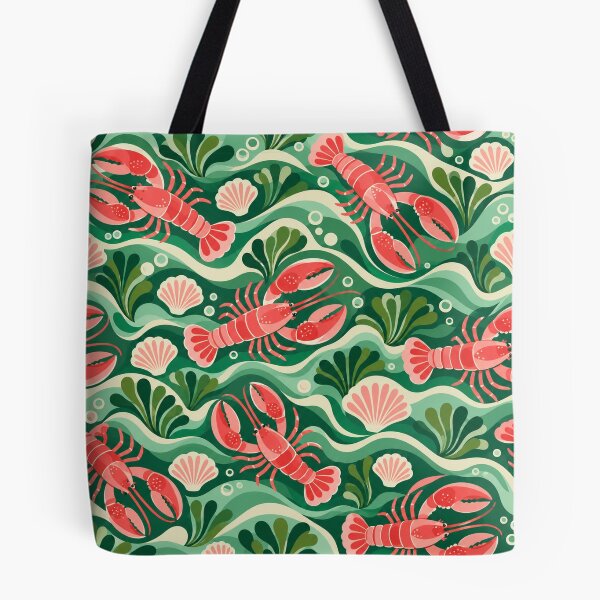 Item preview, Lobster Lagoon – Retro Coastal Pattern with Green Waves and Seashells designed and sold by Paper-Pickle.
