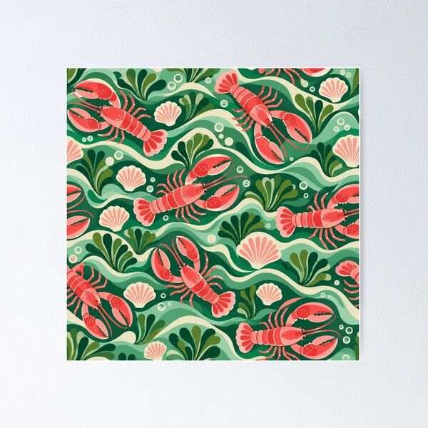 Item preview, Lobster Lagoon – Retro Coastal Pattern with Green Waves and Seashells designed and sold by Paper-Pickle.