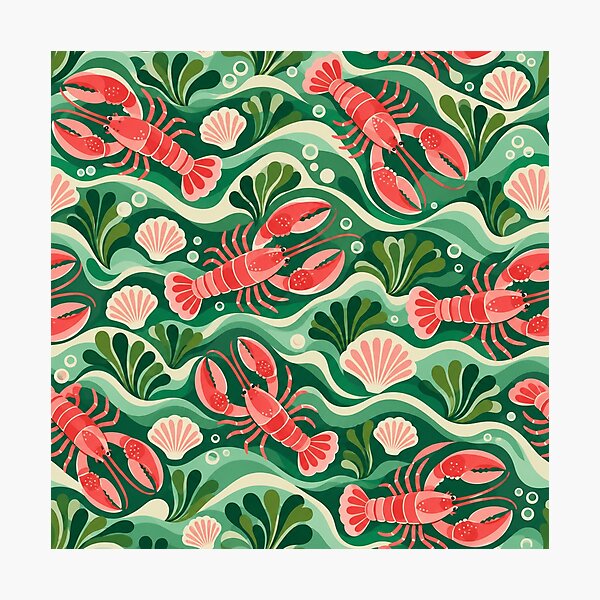 Item preview, Lobster Lagoon – Retro Coastal Pattern with Green Waves and Seashells designed and sold by Paper-Pickle.