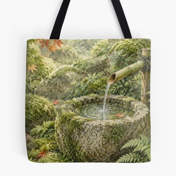 Item preview, Serene Japanese Zen Garden - Tsukubai Water Basin Watercolor designed and sold by vekotpu.