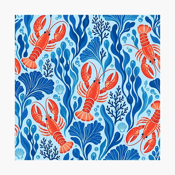 Item preview, Kelp Garden – Retro Lobster Pattern with Blue Seaweed designed and sold by Paper-Pickle.