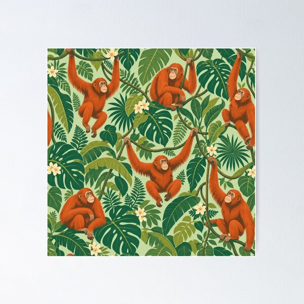 Item preview, Jungle Canopy – Retro Orangutan Pattern with Tropical Leaves designed and sold by Paper-Pickle.