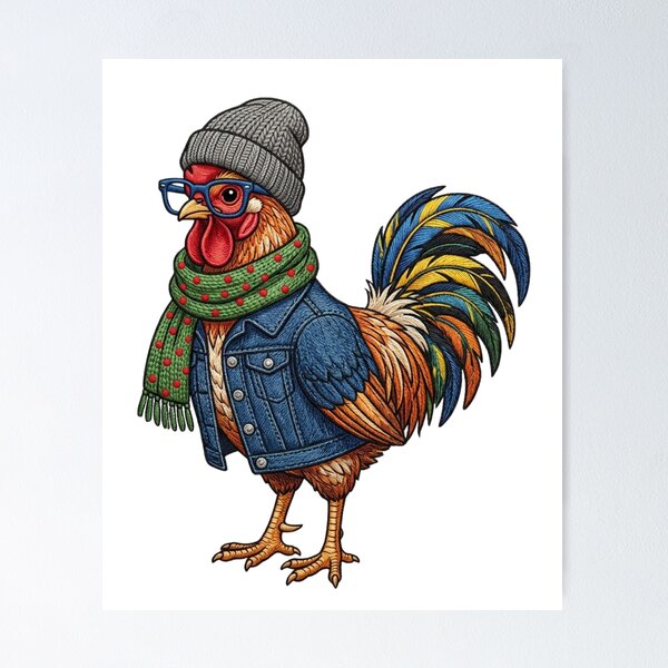 Item preview, Hipster Rooster Wearing Glasses Beanie Denim Jacket Scarf Embroidery designed and sold by raedattia.