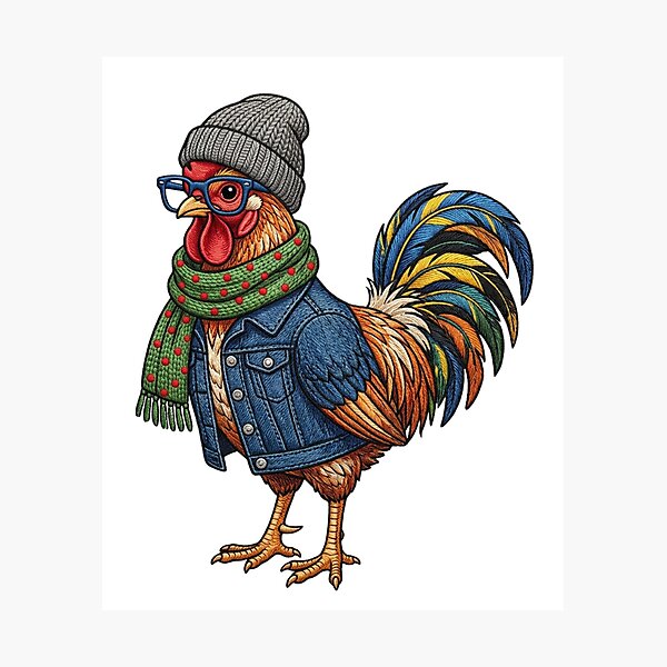 Item preview, Hipster Rooster Wearing Glasses Beanie Denim Jacket Scarf Embroidery designed and sold by raedattia.