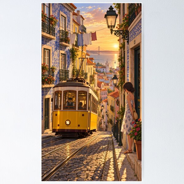Item preview, Lisbon Yellow Tram on a Sunset Street designed and sold by Alvren.