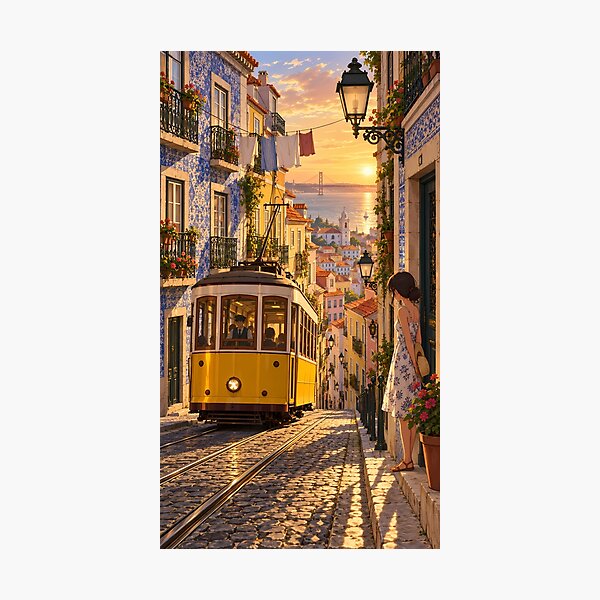 Item preview, Lisbon Yellow Tram on a Sunset Street designed and sold by Alvren.