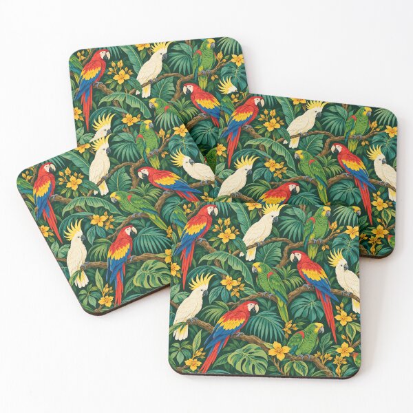 Item preview, Midnight Aviary – Parrot and Cockatoo Pattern with Dark Jungle Leaves designed and sold by Paper-Pickle.