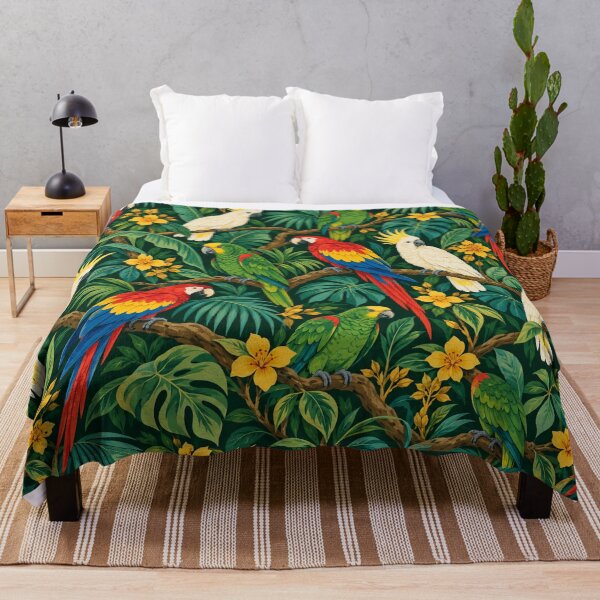 Item preview, Midnight Aviary – Parrot and Cockatoo Pattern with Dark Jungle Leaves designed and sold by Paper-Pickle.