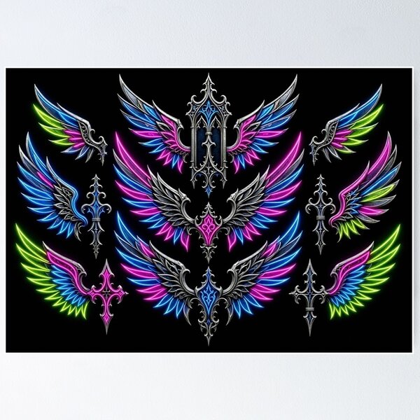 Item preview, Cyber Gothic Angel Wings Neon Crest designed and sold by Breezes-of-Ida.
