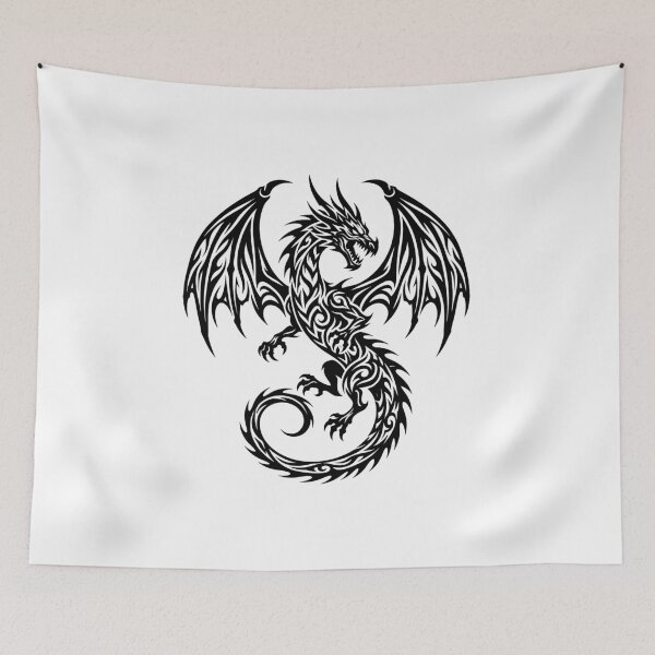 Item preview, Tribal Dragon Spread Wings Tattoo – Bold Black Winged Dragon Spiral Tail Art designed and sold by DragonSerpent Ink.