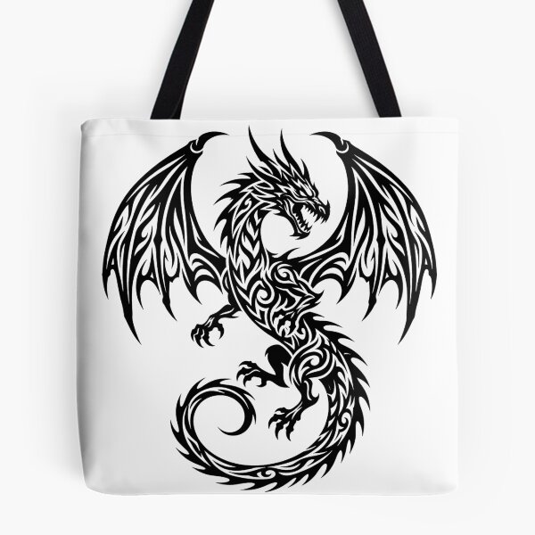 Item preview, Tribal Dragon Spread Wings Tattoo – Bold Black Winged Dragon Spiral Tail Art designed and sold by DragonSerpent Ink.
