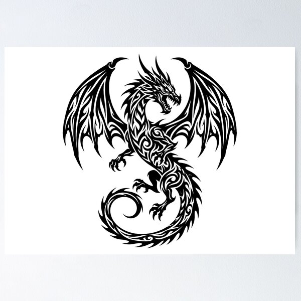 Item preview, Tribal Dragon Spread Wings Tattoo – Bold Black Winged Dragon Spiral Tail Art designed and sold by DragonSerpent Ink.