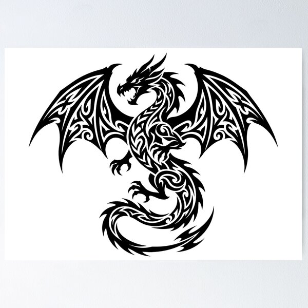 Item preview, Wide Wingspan Tribal Dragon Tattoo – Black Spiral Swirl Winged Dragon Art designed and sold by DragonSerpent Ink.