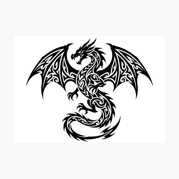 Item preview, Wide Wingspan Tribal Dragon Tattoo – Black Spiral Swirl Winged Dragon Art designed and sold by DragonSerpent Ink.