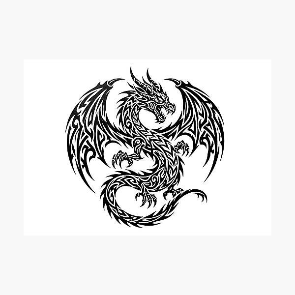 Item preview, Intricate Tribal Dragon Tattoo – Detailed Black Ink Winged Dragon Circle Wings Art designed and sold by DragonSerpent Ink.