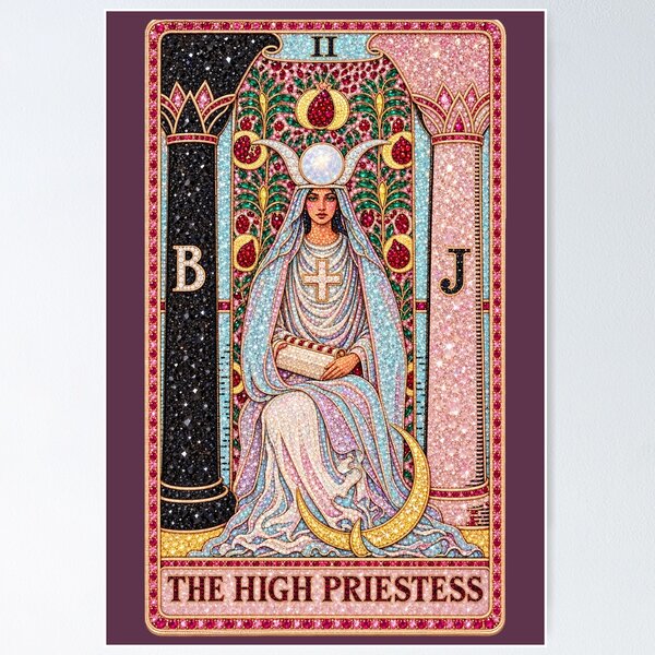 Item preview, the high priestess tarot card with pink gemstones pattern designed and sold by MoodleDoon.