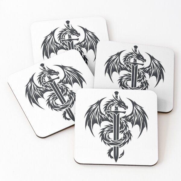 Item preview, Dragon Wrapped Around Sword Tattoo – Tribal Winged Dragon Blade Emblem Black Ink Art designed and sold by DragonSerpent Ink.