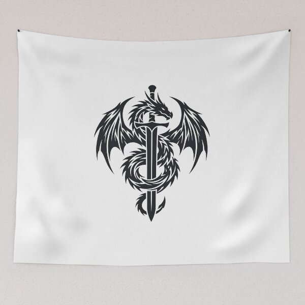 Item preview, Dragon Wrapped Around Sword Tattoo – Tribal Winged Dragon Blade Emblem Black Ink Art designed and sold by DragonSerpent Ink.