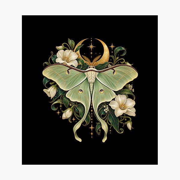Item preview, Luna Moth and Golden Crescent Moon – Art Nouveau Botanical Art designed and sold by astersgraphics.
