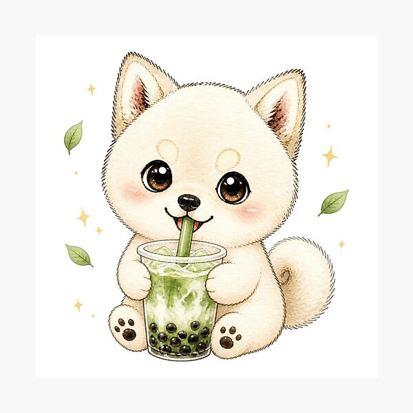 Item preview, Cream Shiba Inu with Matcha Boba Milk Tea designed and sold by Kawaii Matcha Studio.