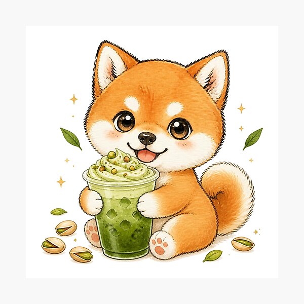 Item preview, Red Shiba Inu with a Pistachio Matcha Latte designed and sold by Kawaii Matcha Studio.