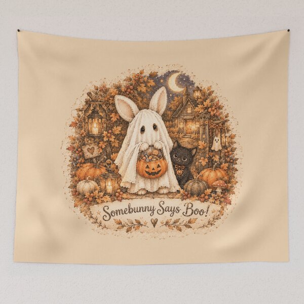 Item preview, Somebunny Says Boo! – Cute Ghost Bunny with Black Cat, Vintage Halloween Art designed and sold by TatiK-Treasures.