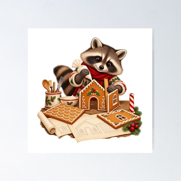 Item preview, Raccoon Gingerbread Architect Cozy Christmas Gouache designed and sold by gallleriaworld.