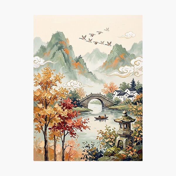Item preview, Autumn Chinese Garden With Stone Bridge And Lantern designed and sold by zeloyacrussle.