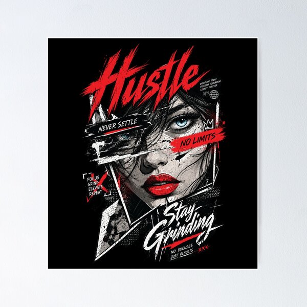 Item preview, Hustle Stay Grinding – Red & Black Edgy Typography designed and sold by DemanDFashionFactroy.