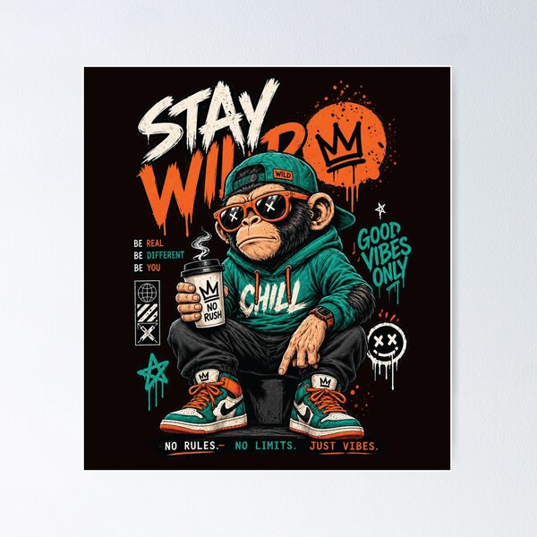 Item preview, Stay Wild Chill Monkey – Graffiti Streetwear designed and sold by Xtention Co..