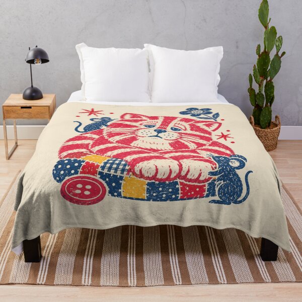 Item preview, Bagpuss – Vintage Linocut Cat with Mice and Patchwork Cushion designed and sold by ChickenFund.