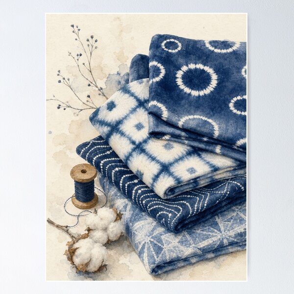 Item preview, Japanese Indigo Shibori Textile - Traditional Blue Dyed Fabric Watercolor designed and sold by vekotpu.